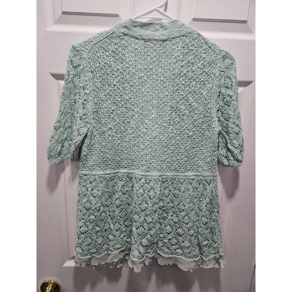 Soft Surroundings Pastel Green Teal Short Sleeve Cardigan Sweater Size M Crochet - Picture 8 of 12